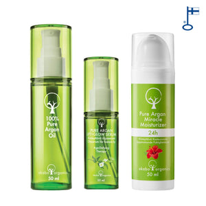 HoitotuoteTRIO: 100% Puhdas Arganöljy & LIFT+GLOW Öljyseerumi & Kiinteyttävä 24h Kosteusvoide