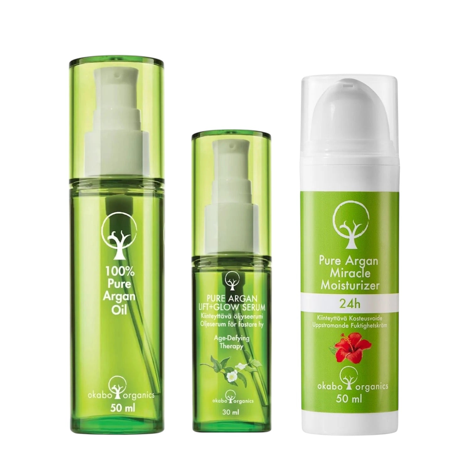 HoitotuoteTRIO: 100% Puhdas Arganöljy & LIFT+GLOW Öljyseerumi & Kiinteyttävä 24h Kosteusvoide