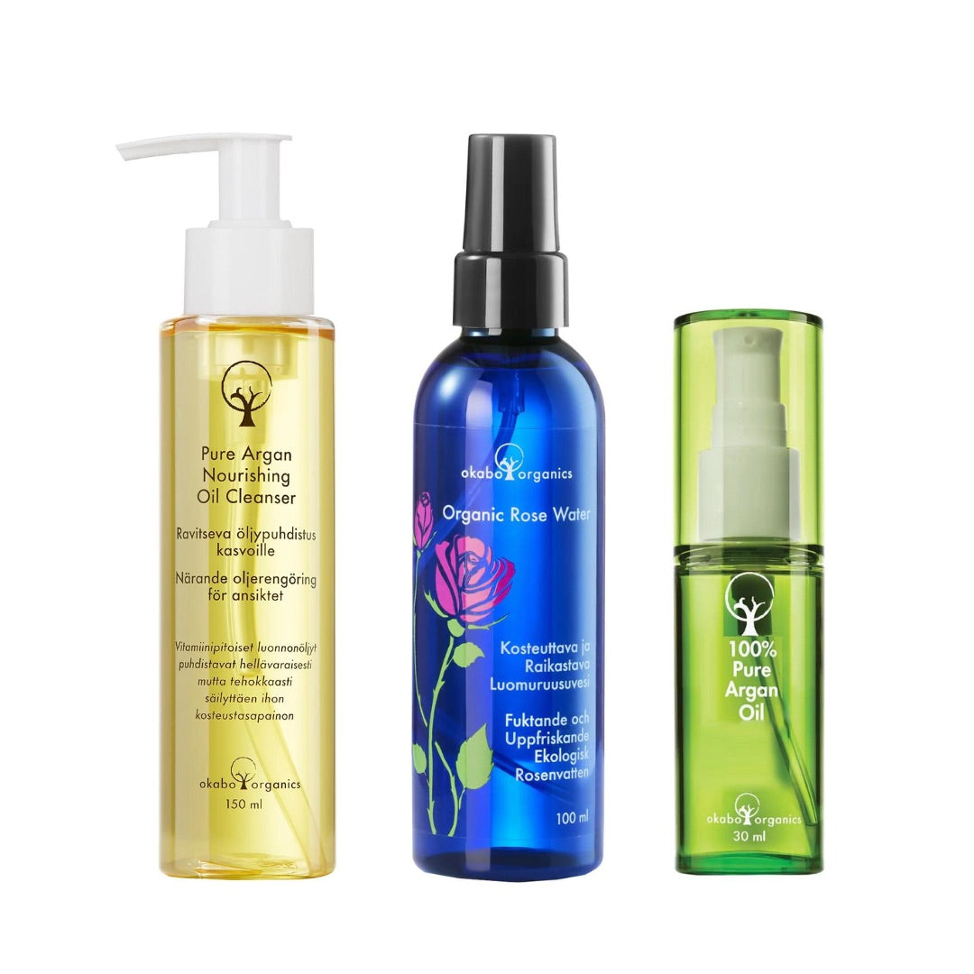 TRIO Ravitseva Arganöljypuhdistus ja Luomu Ruusuvesi ja 100% Puhdas Arganöljy